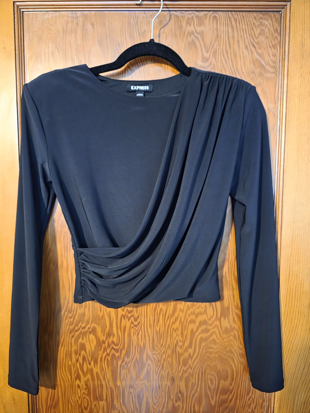 Express Black Draped Long-Sleeve Top